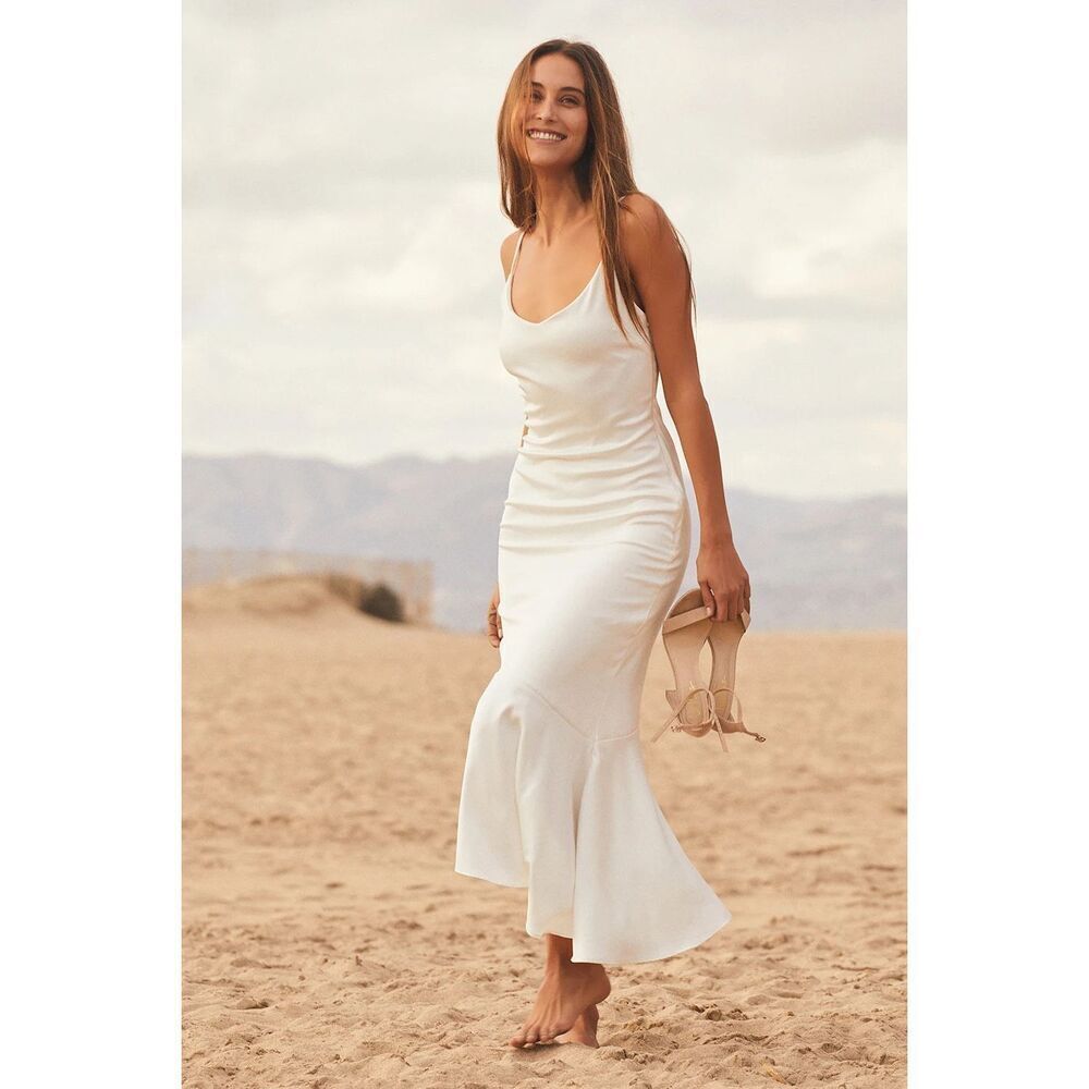 Lulus Strictly Romance White Satin Asymmetrical Tiered Midi Dress Size M NWT - Picture 3 of 8